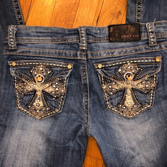 Grace in LA Cross Jeweled Pocket Size 28 Denim Jeans - Picture 5 of 11